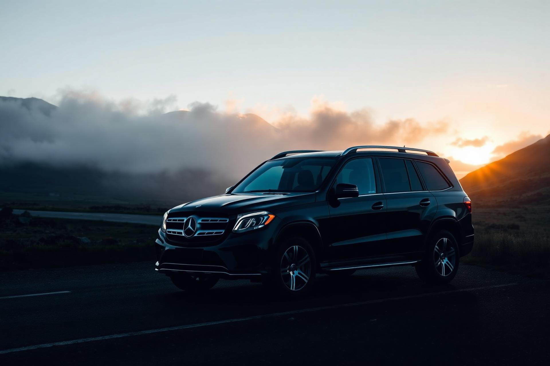Chauffeur SUV on a Highland road at golden hour